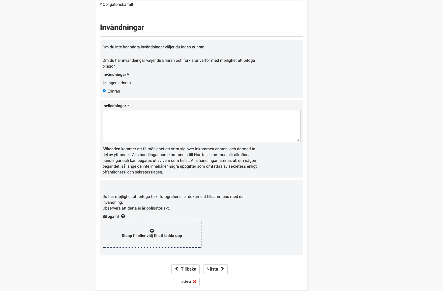 Skärmbild — Steg 5: Skriv din invändning och bifoga underlag